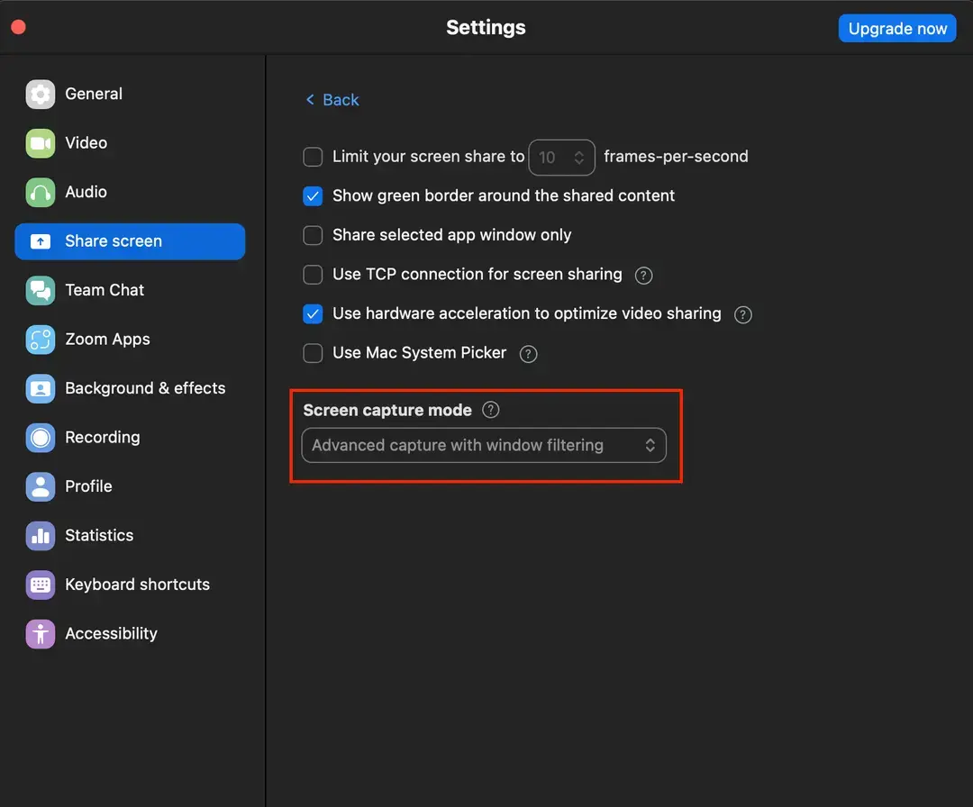 Zoom Advanced Screen Capture Settings